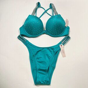 Victoria Secret 34DD M Bombshell Push Up Bikini Set Shine Strap Capri Sea Blue